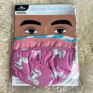 NWT Crane Youth 3-pack reusable face mask unicorn, clouds and coral